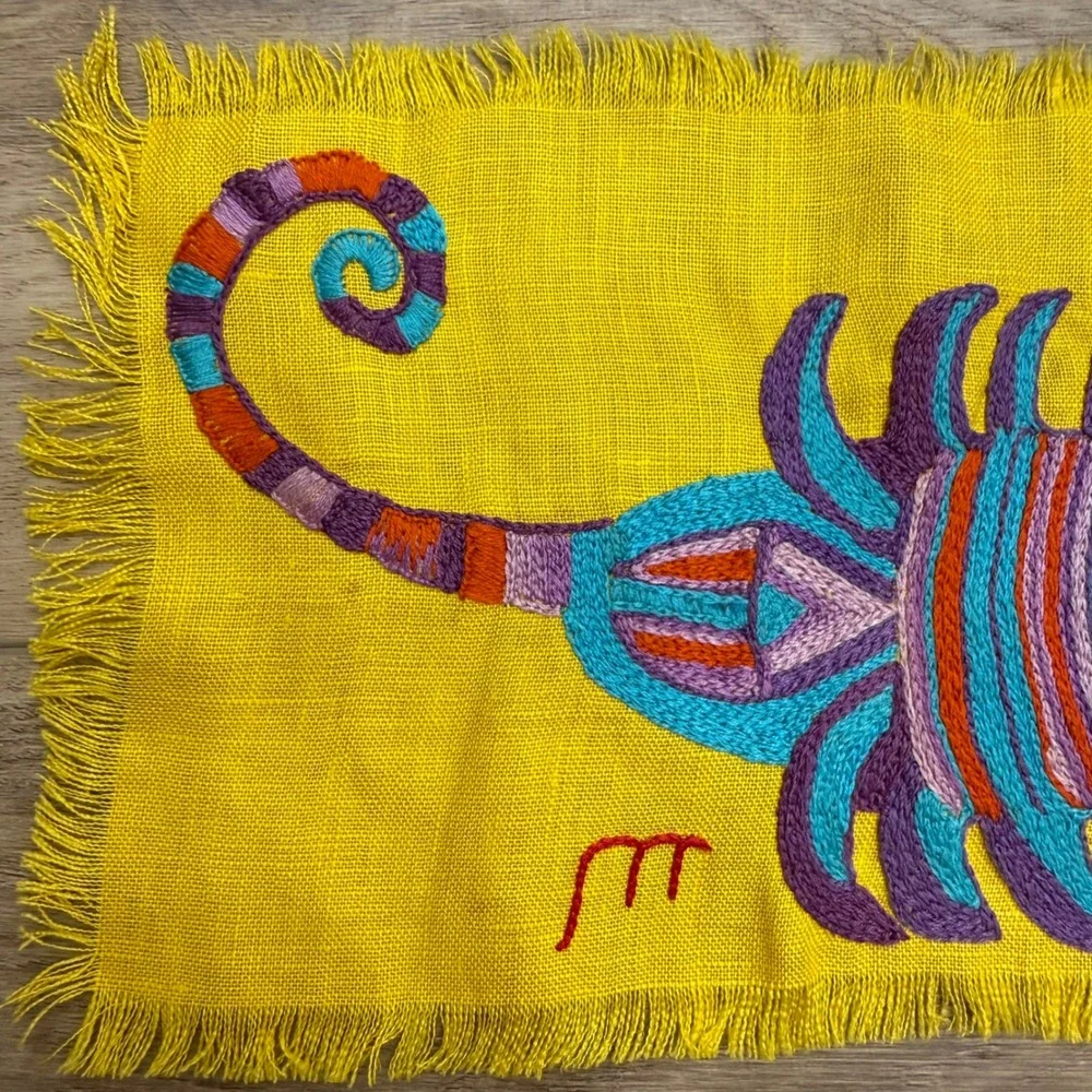 Vintage Embroidered Zodiac Scorpio‎ Scorpion Linen Textile Yellow Boho Folk Art